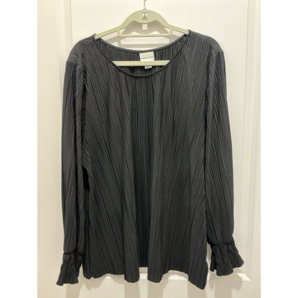 AVA VIV Pleat Top 3X Women’s Black Pull Over L/S Garter Elastic Sleeve Bottom
